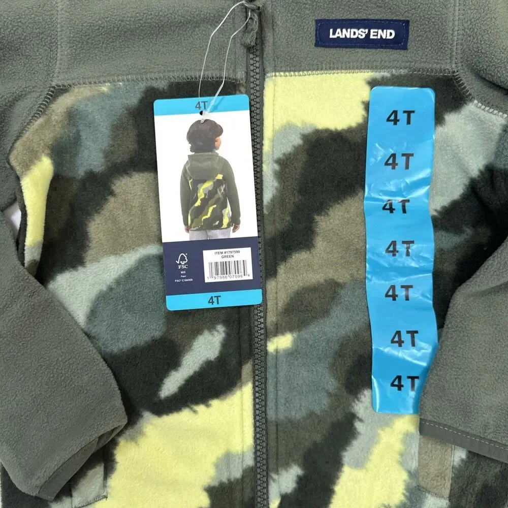 Lands End Green Camo Full Zip Fleece Jacket Boy's Size 4  NWT